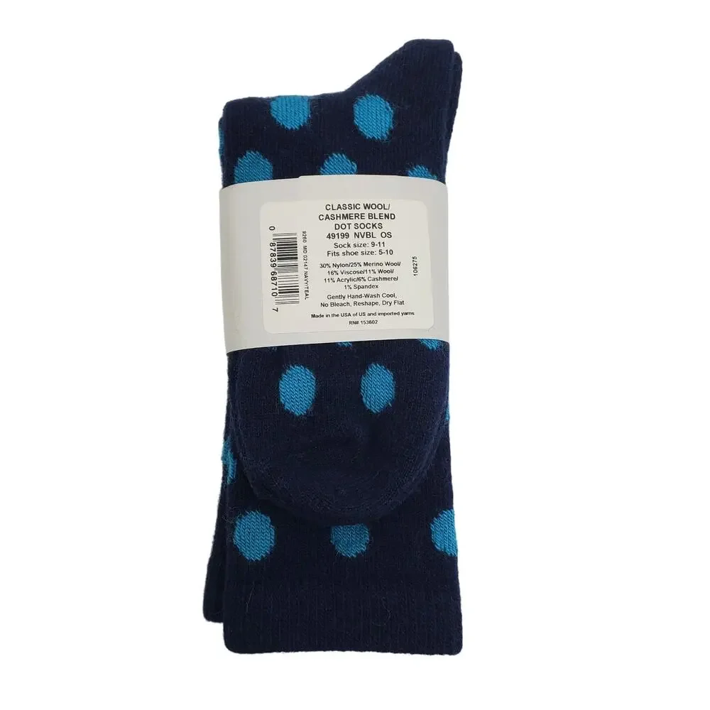 New Garnet Hill Dot Socks 9-11 Warm Cashmere Blend Crew Blue Teal Holiday Gift